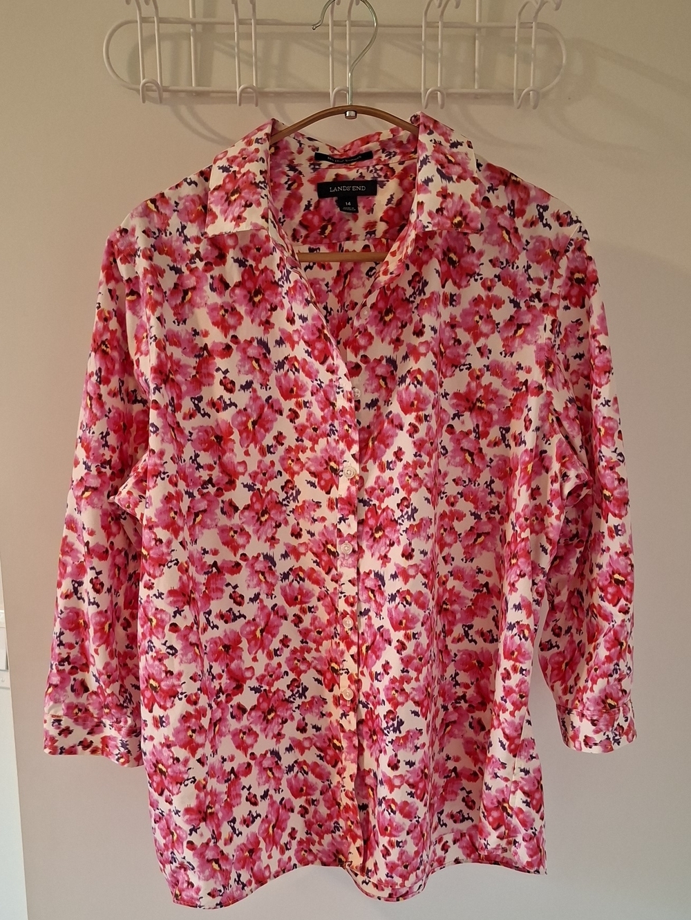 Lands' End White & Pink Floral Supima No Iron Button-down Shirt (Size US 14)